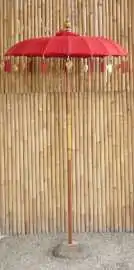 Bali umbrella, chinese red with metal coins and golden hearts hanging around the edge, ø 130cm and 250cm height Chinese Red